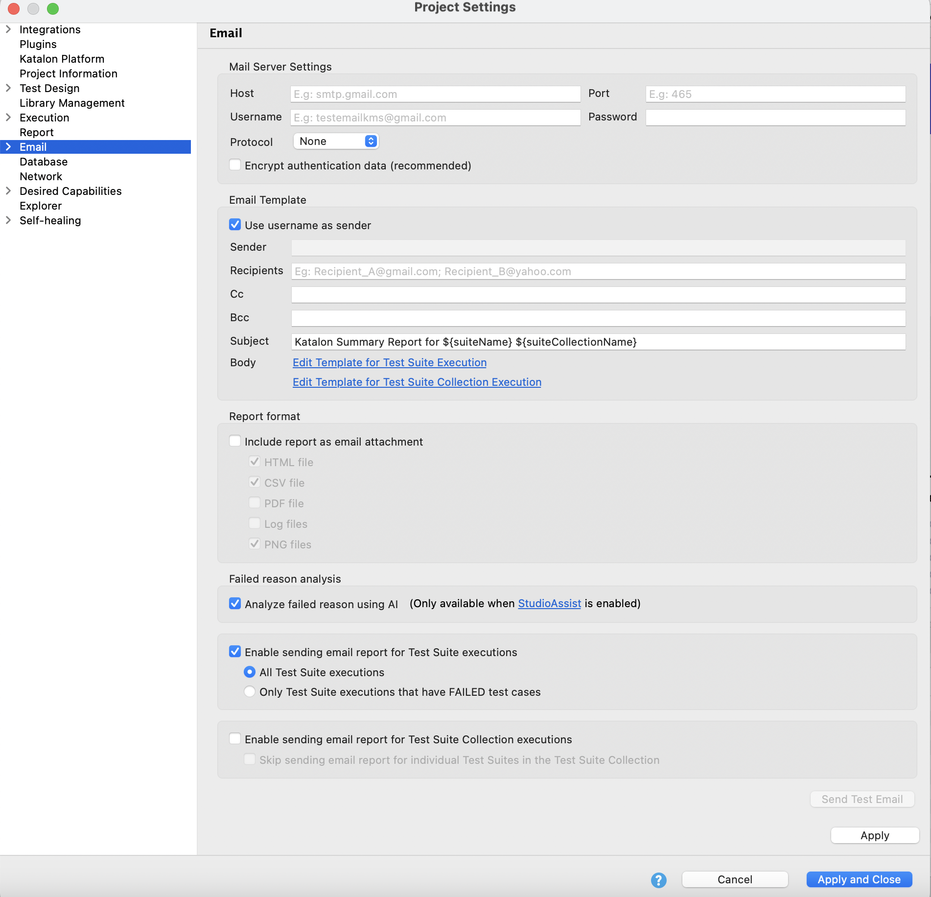 Enable email test report with AI failure analysis